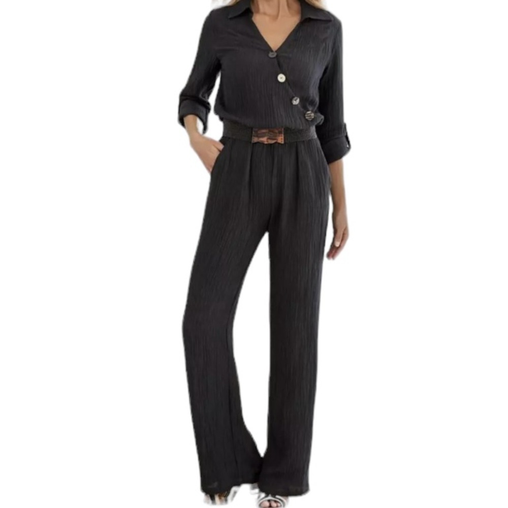 Soft Surroundings Black Gauze Asymmetrical Button "Cannes" Jumpsuit S